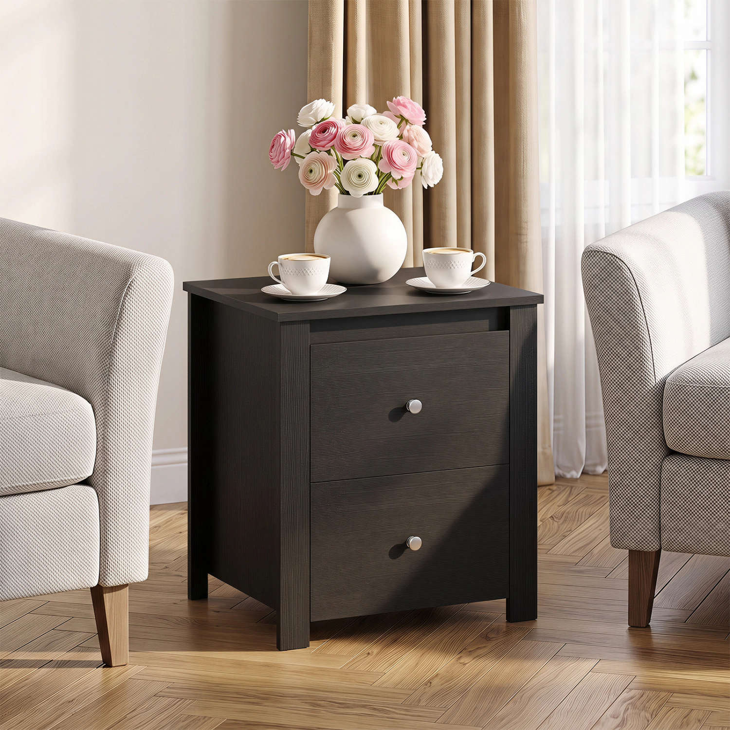 Glintex 2-Drawer Nightstand with Sealed Board Edges and Sleek Metal Handles