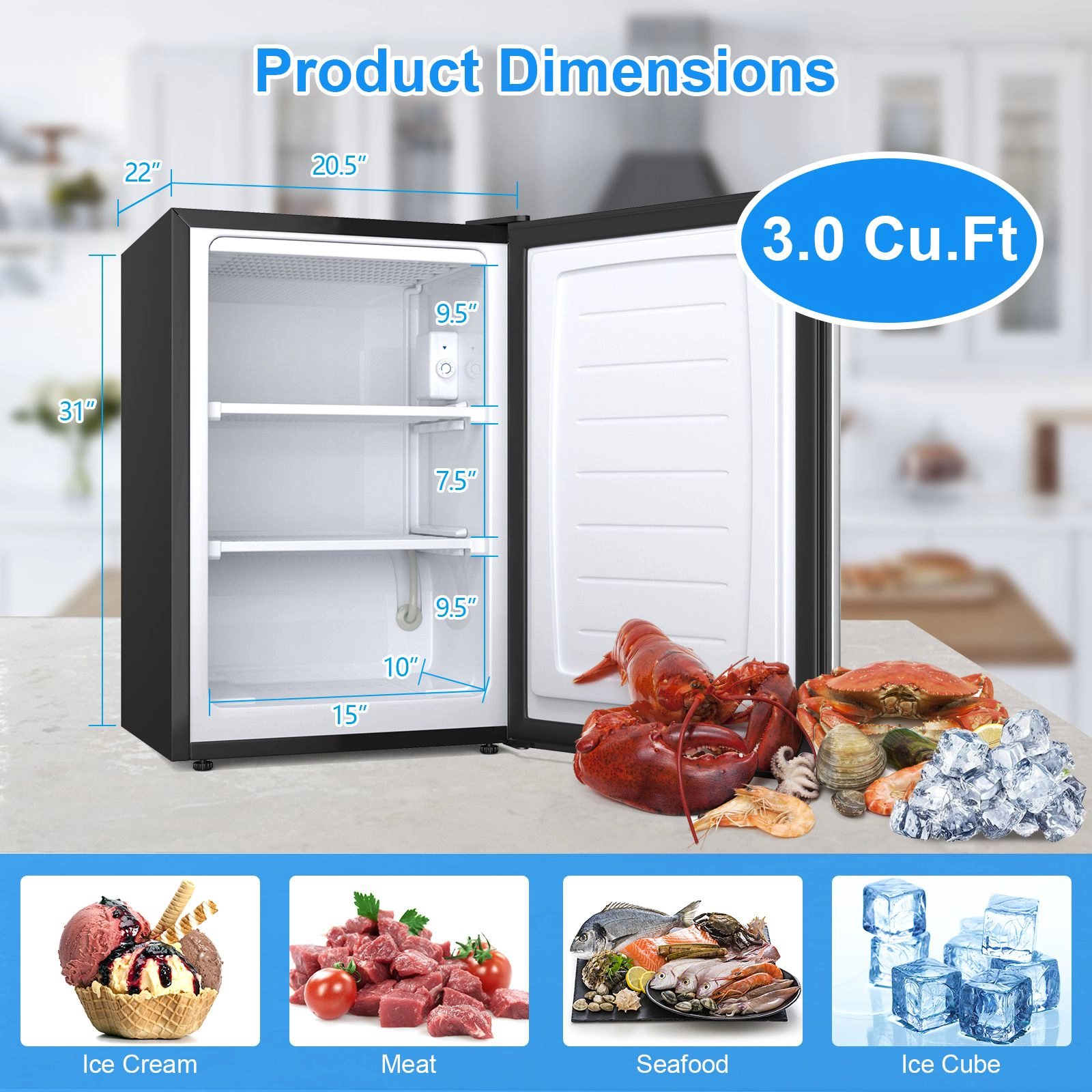 SlickBlue Compact Upright Freezer, 3.0 Cu Ft, 2 Chrome Shelves