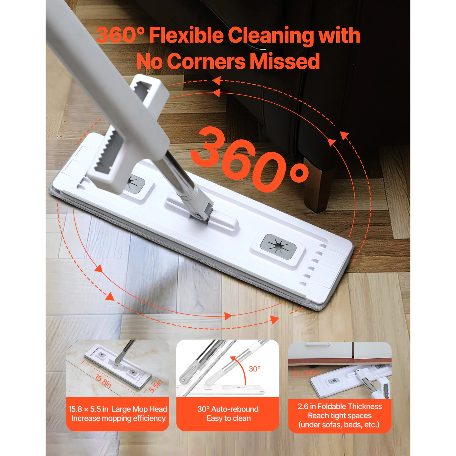 HONGGE Wet & Dry Flat Mop with Washable Microfiber Pads and Stainless Steel Handle for Hardwood Tile Vinyl
