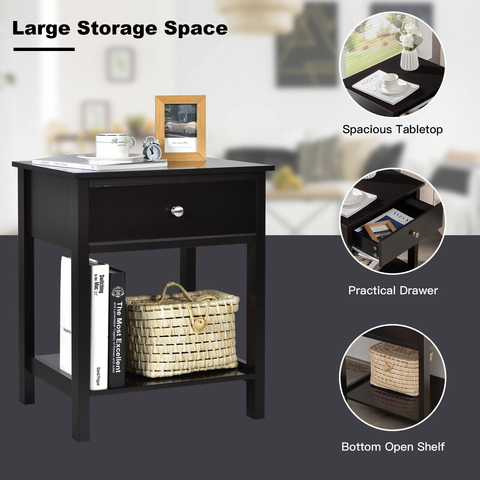 Hivvago Wooden Storage Shelf with Drawer for Bedroom and Living Room