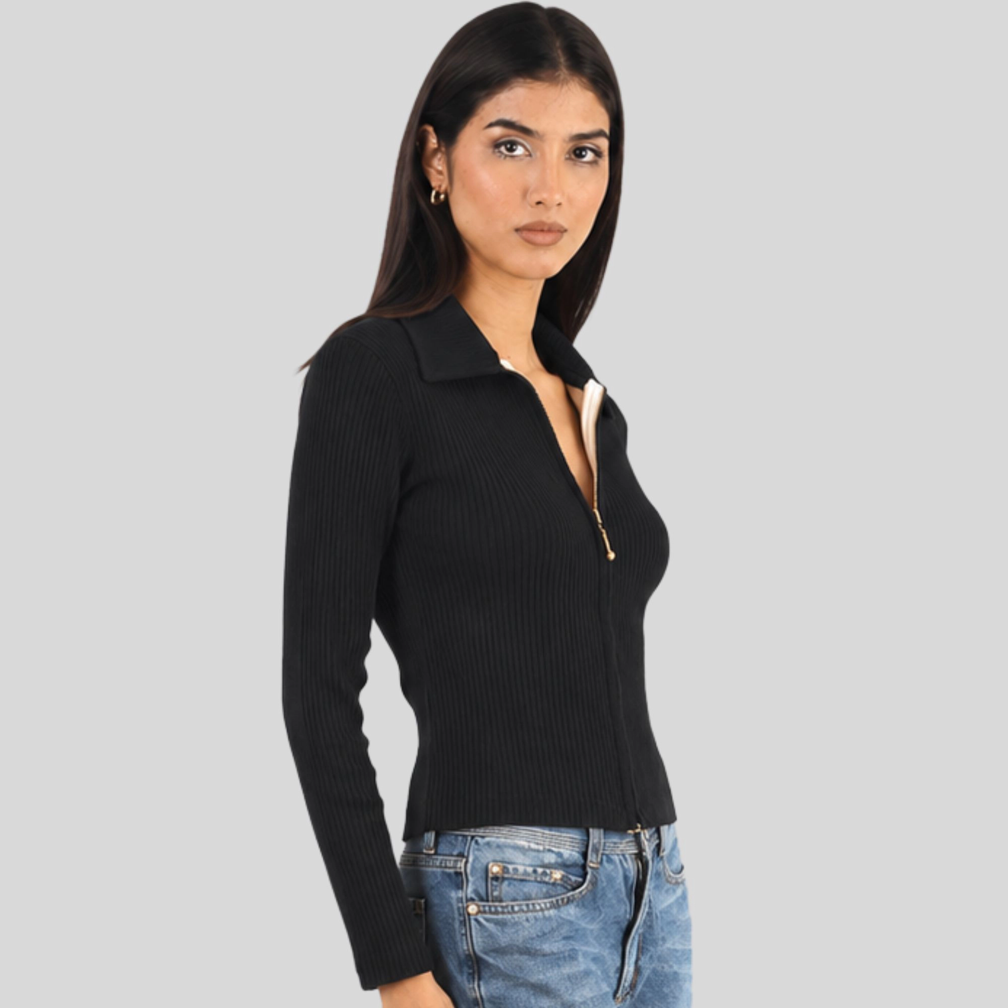 Artyska Women’s Ribbed Zip-Up Collared Long Sleeve Top