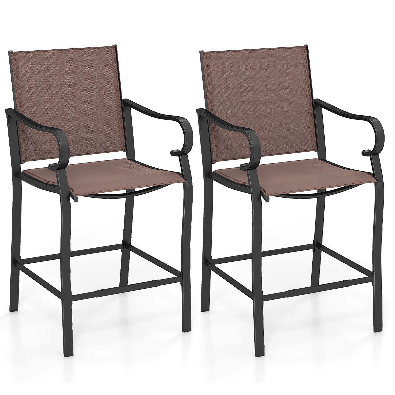 SUGIFT Breathable Mesh and Armrests Set of 2 Brown Outdoor Counter Height Bar Stools