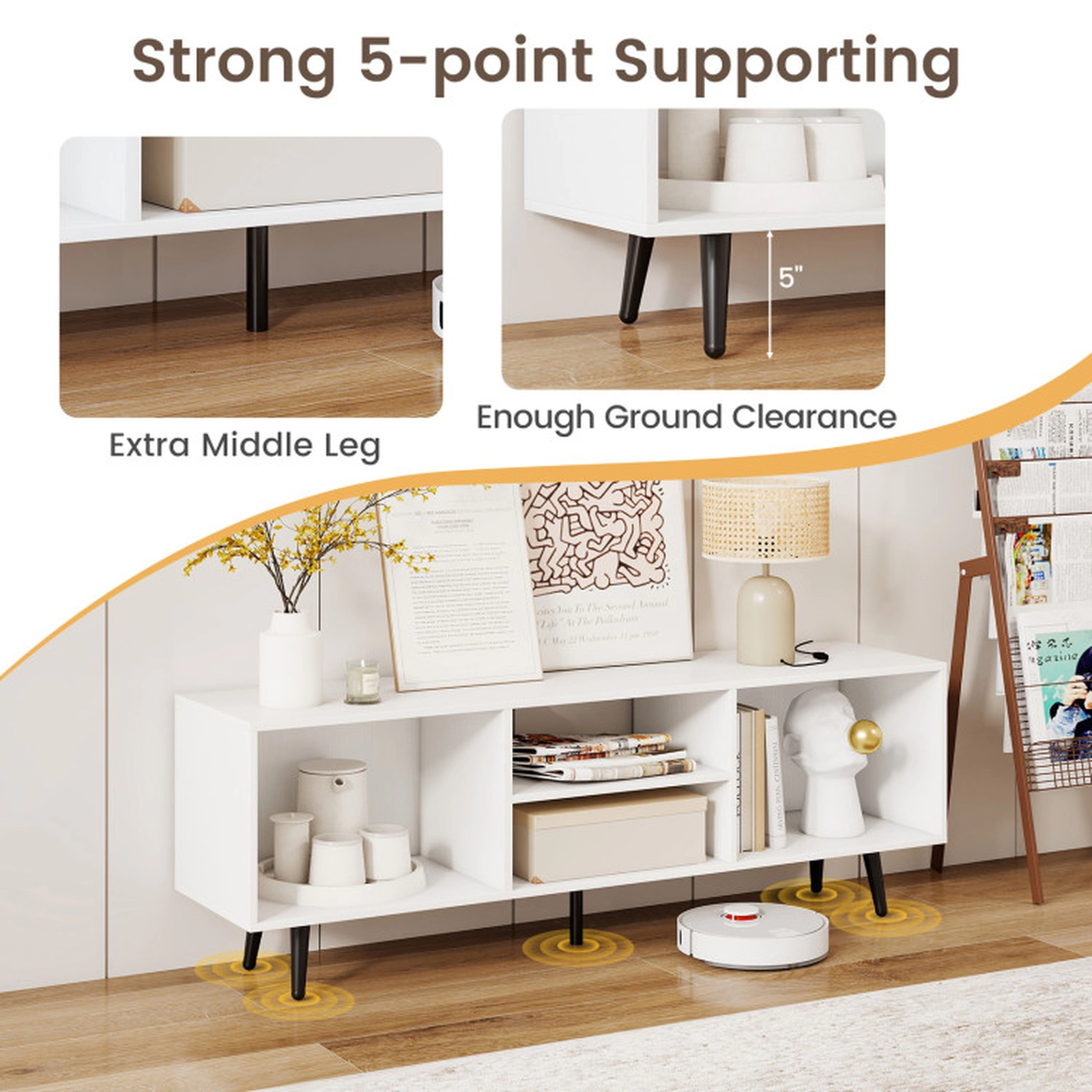 SUGIFT TV Stand for 55-Inch TV with 132-lb Countertop Capacity Compartments and Metal Legs White