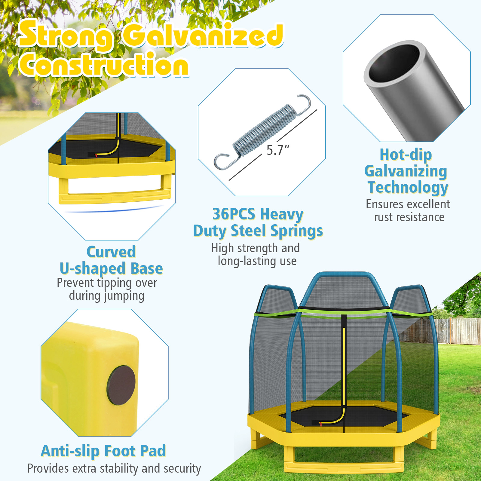7-ft Kids Trampoline Outside-Mounted Enclosure Net 36 Springs 150-lb Limit Ages 3+ Yellow Recreational Jumper
