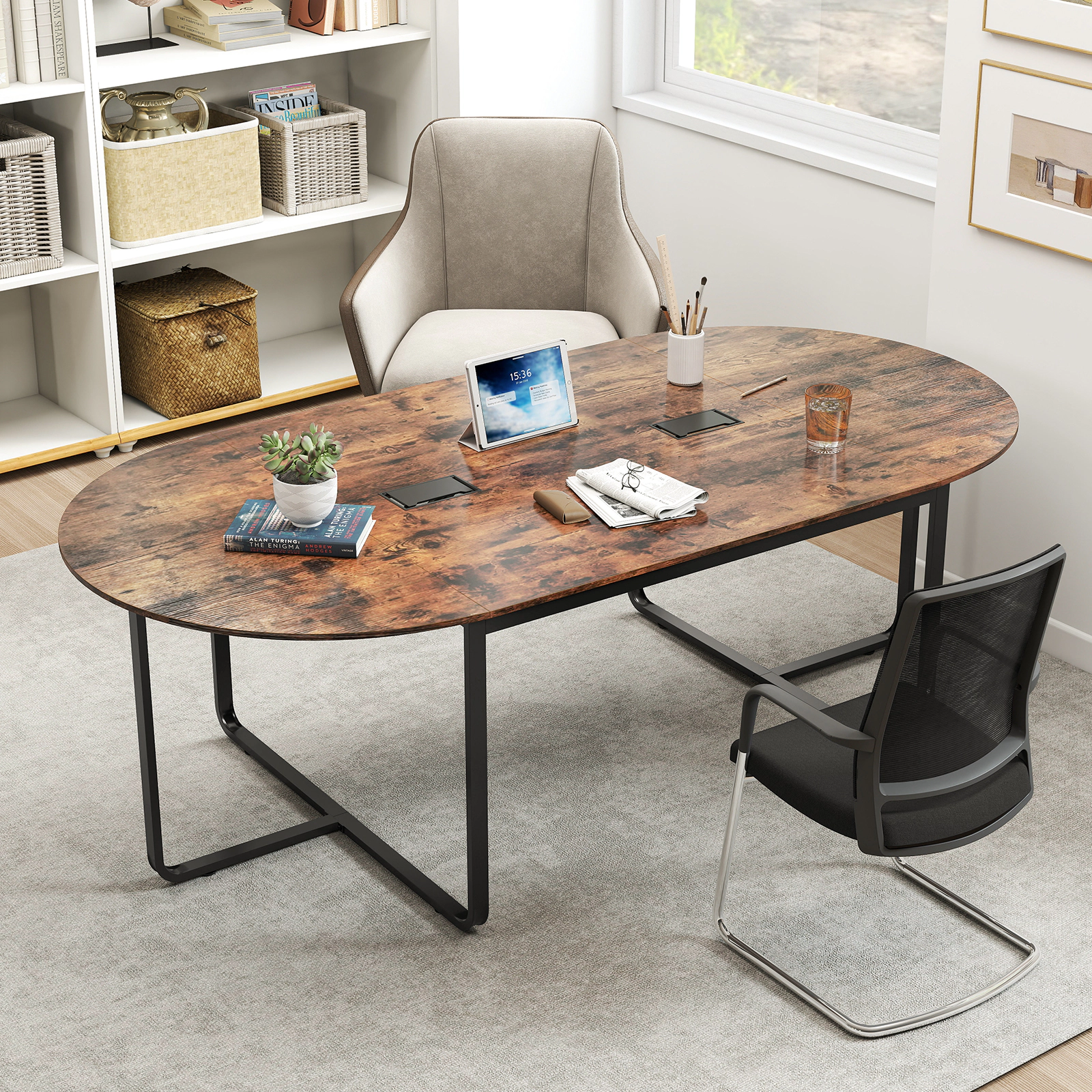 SUGIFT 95-in Oval Conference Executive Desk Table with Dual Cable Holes 265-lb Capacity Rustic Brown & Black 1-Piece