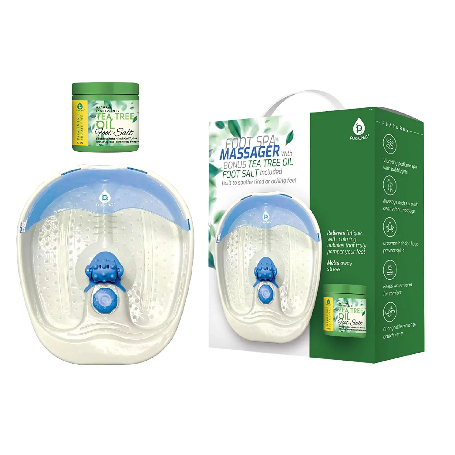 Pursonic Unisex Heated Foot Spa Massager with Vibrating Bubble Jets & Tea Tree Oil Soak for Relaxing Therapy