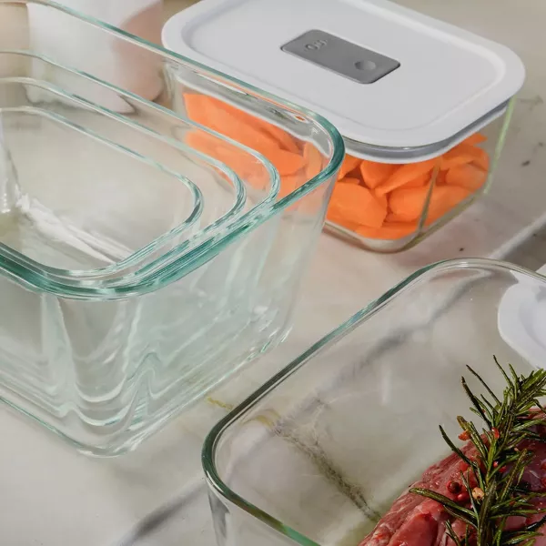 OU Glass Food Storage Container Set 8pc, Airtight Leak Proof Lids w/ Microwave Valve, Microwave Freezer Dishwasher Safe