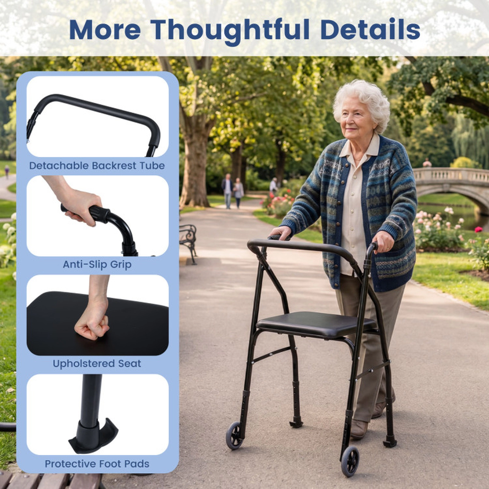 SUGIFT Black Folding Walker with Padded Seat 2 Wheels and 5-Level Handles 24-in W 21-in D 220-lb Seat Capacity