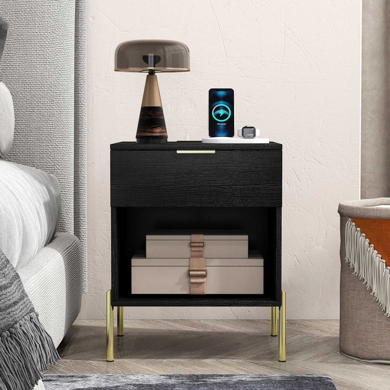 Hivvago Modern Nightstand With Charging Station