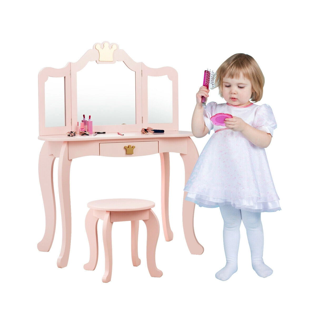 SUGIFT Kids Makeup Dressing Table Vanity with Tri-folding Mirror and Stool 33-lb Table 66-lb Stool Capacity Pink/White