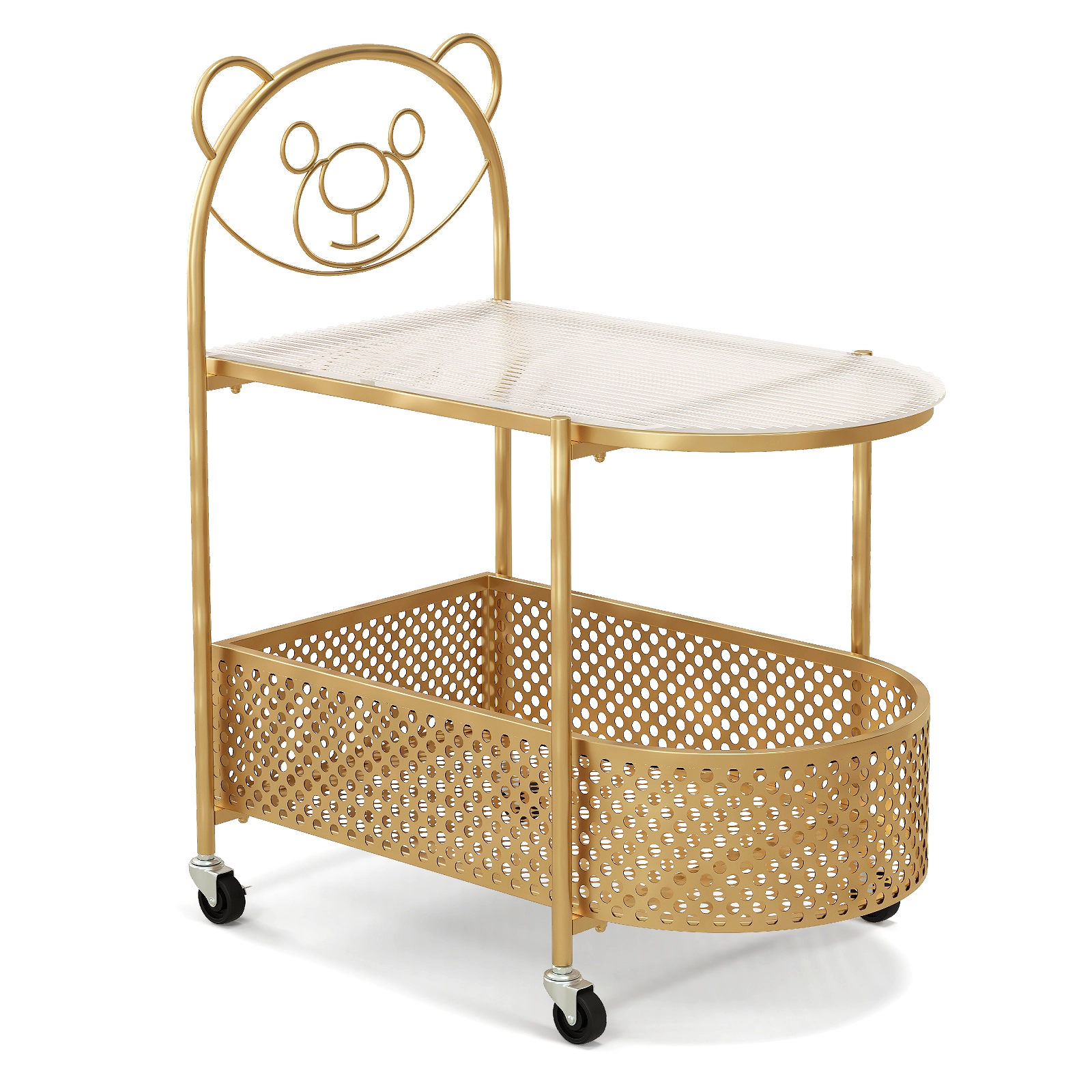 Hivvago 2-Tier Mobile Glass Coffee Table with Bear Pattern