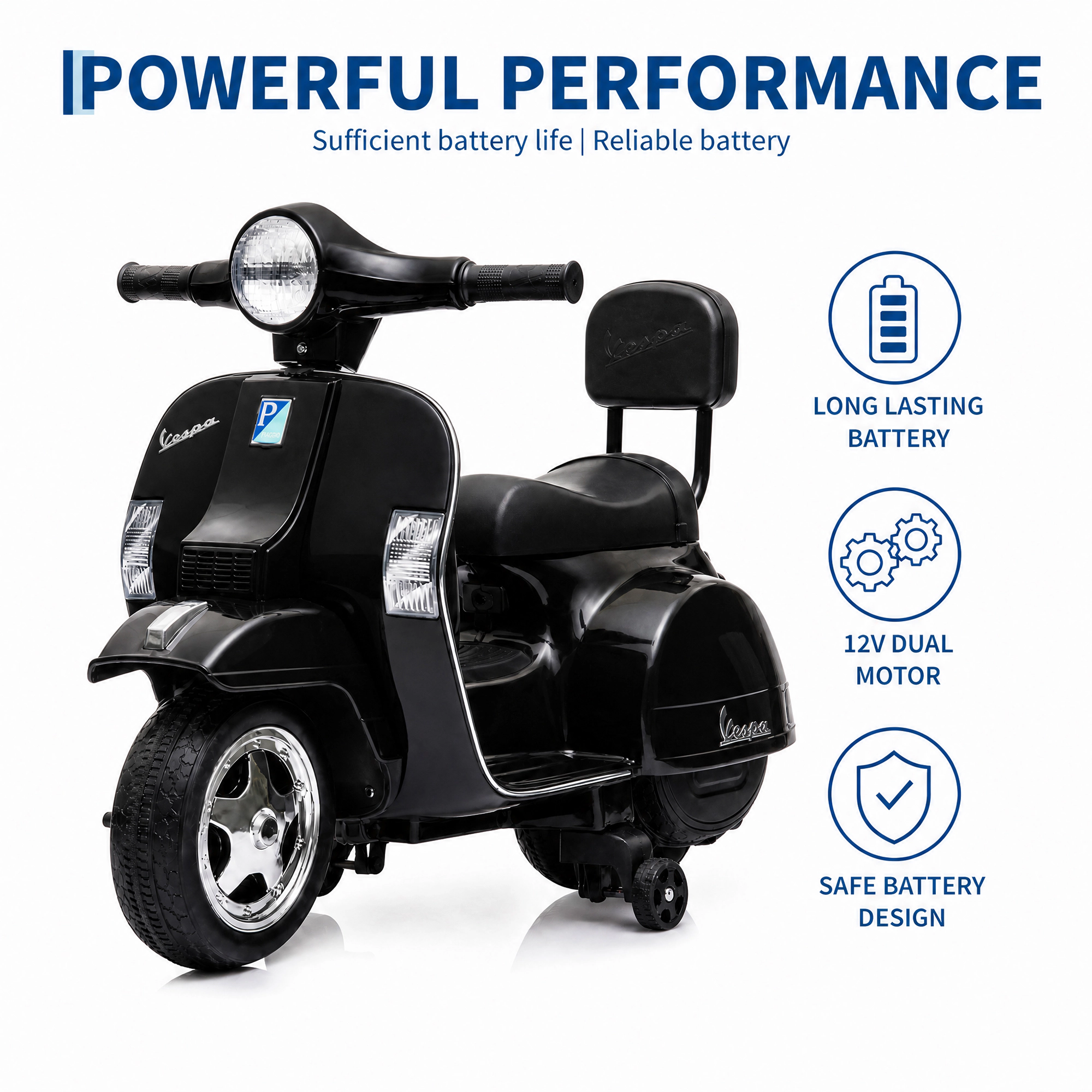 Licensed Vespa PX150 Kids Ride On Motorcycle, 6V Electric Scooter with Training Wheels & Headlight