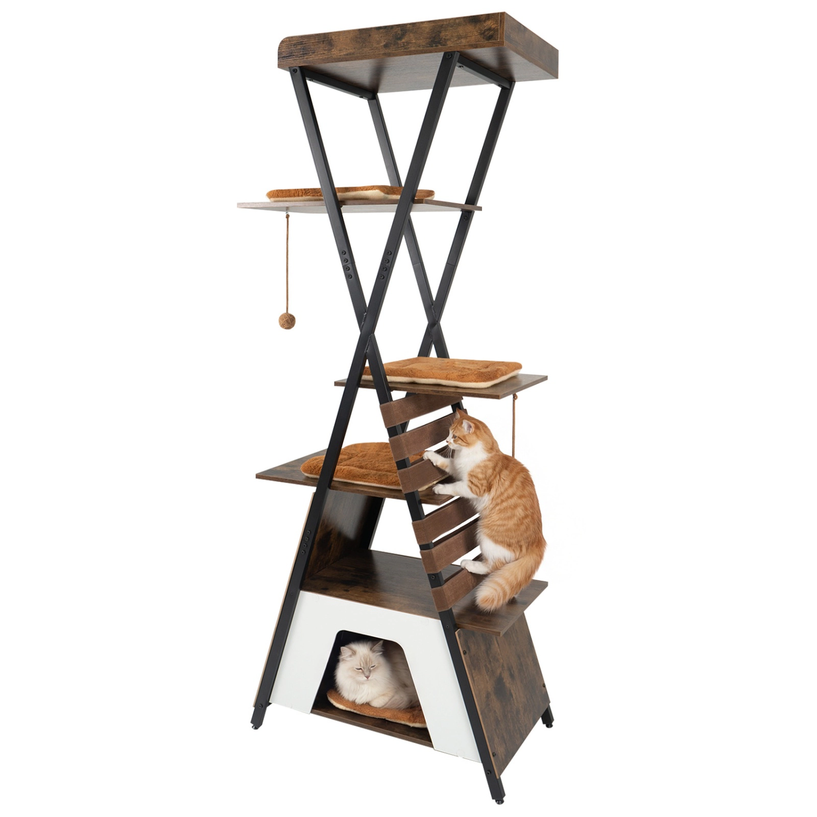SUGIFT Rustic Brown X-Frame Metal Base and 27 in Condo 73 in Cat Tree