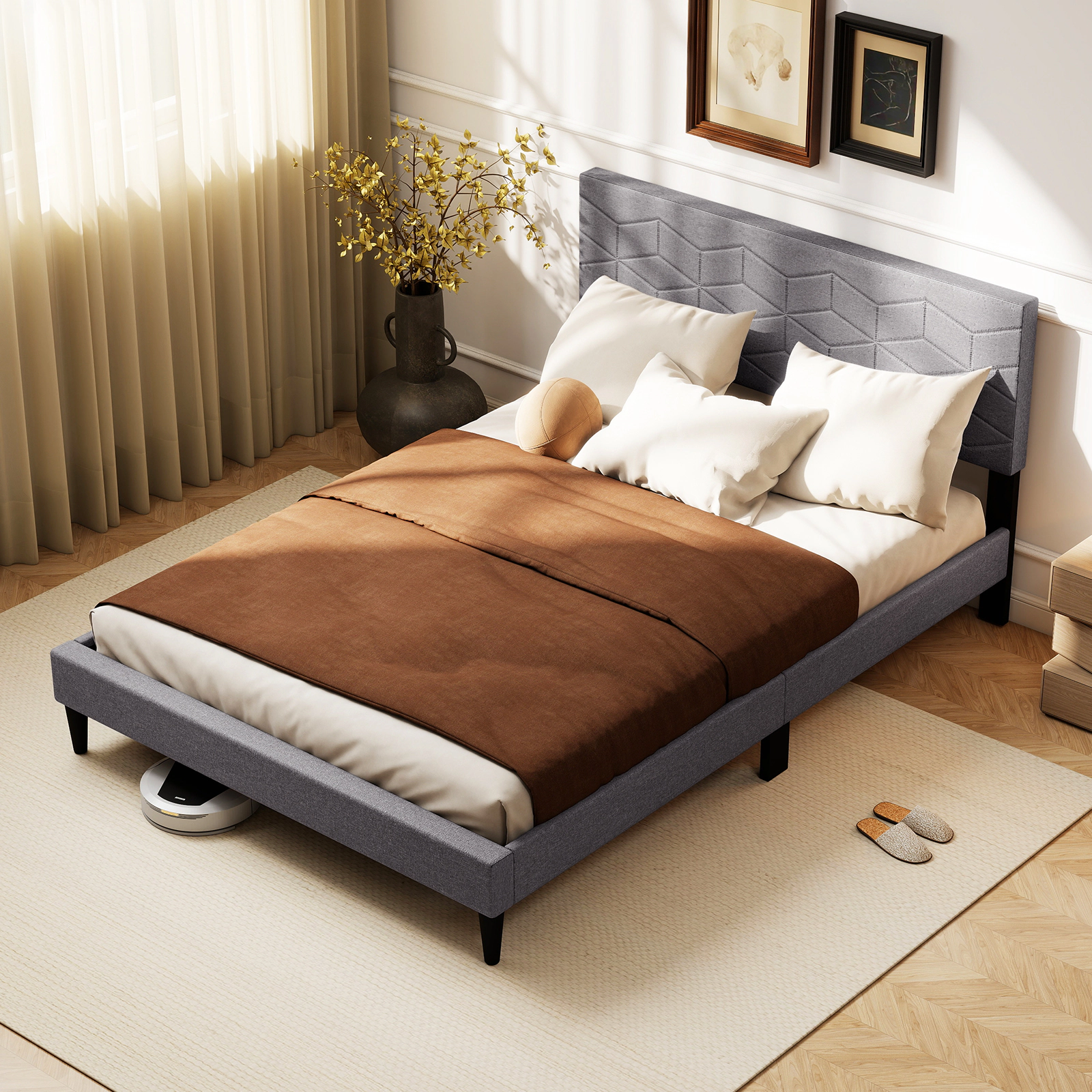 SUGIFT Modern Low-Profile Full Platform Bed Frame with Linen Upholstered Headboard 660-lb Capacity Gray