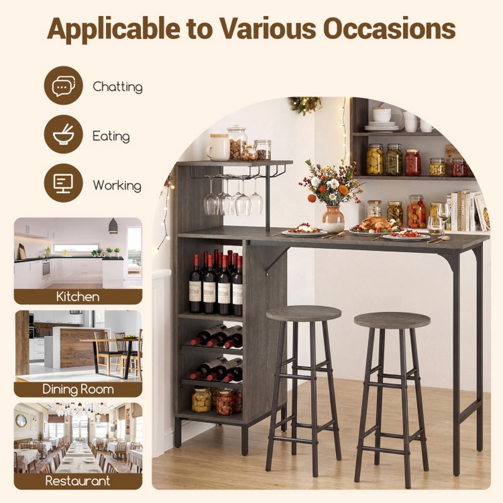 SUGIFT 3 Piece Bar Table and Chairs Set with 6-Bottle Wine Rack 400-lb Table Capacity Brown Oak Rustic Brown