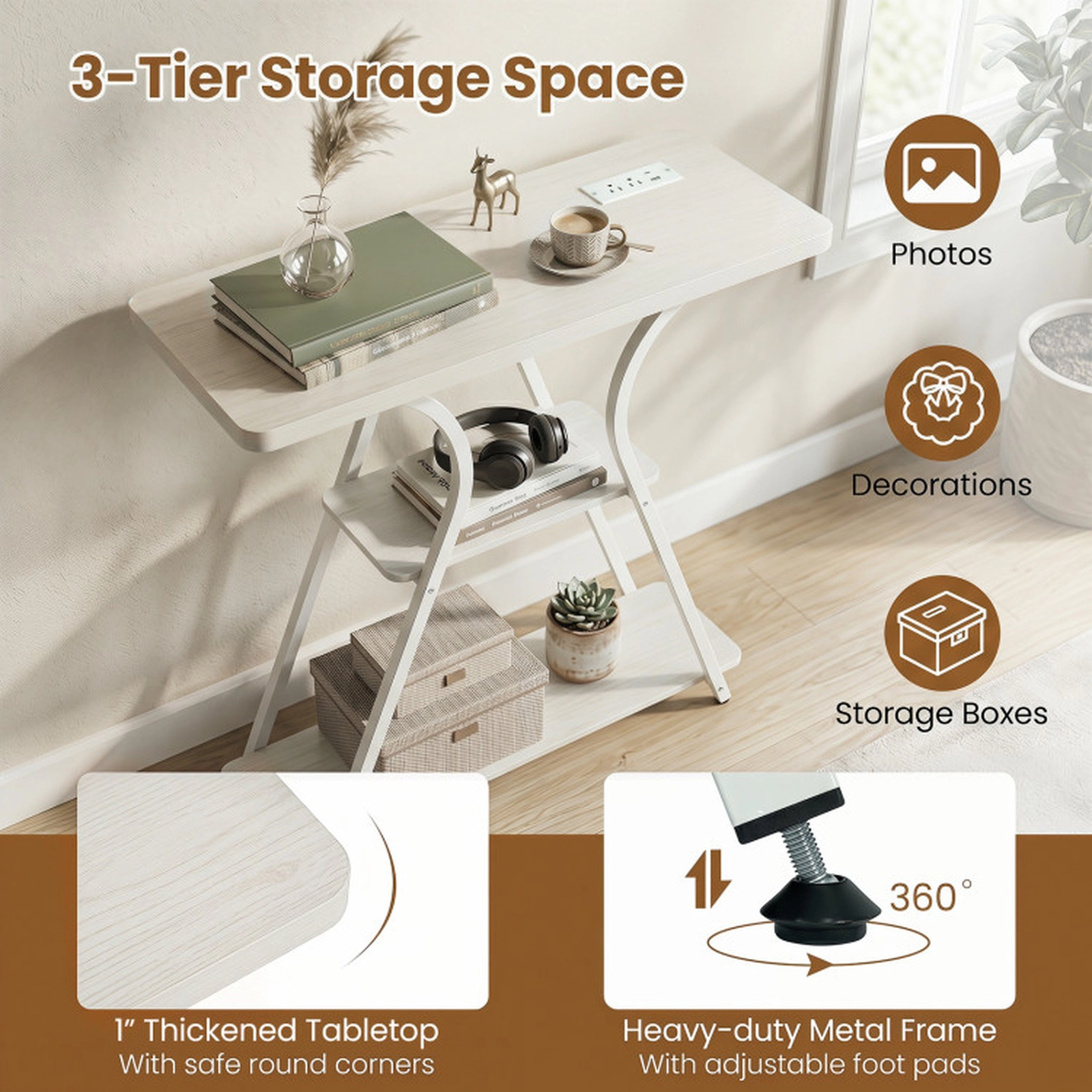 SUGIFT 3 Tier Engineered Wood Metal Frame LED USB C Charging Console Table In Oak & White
