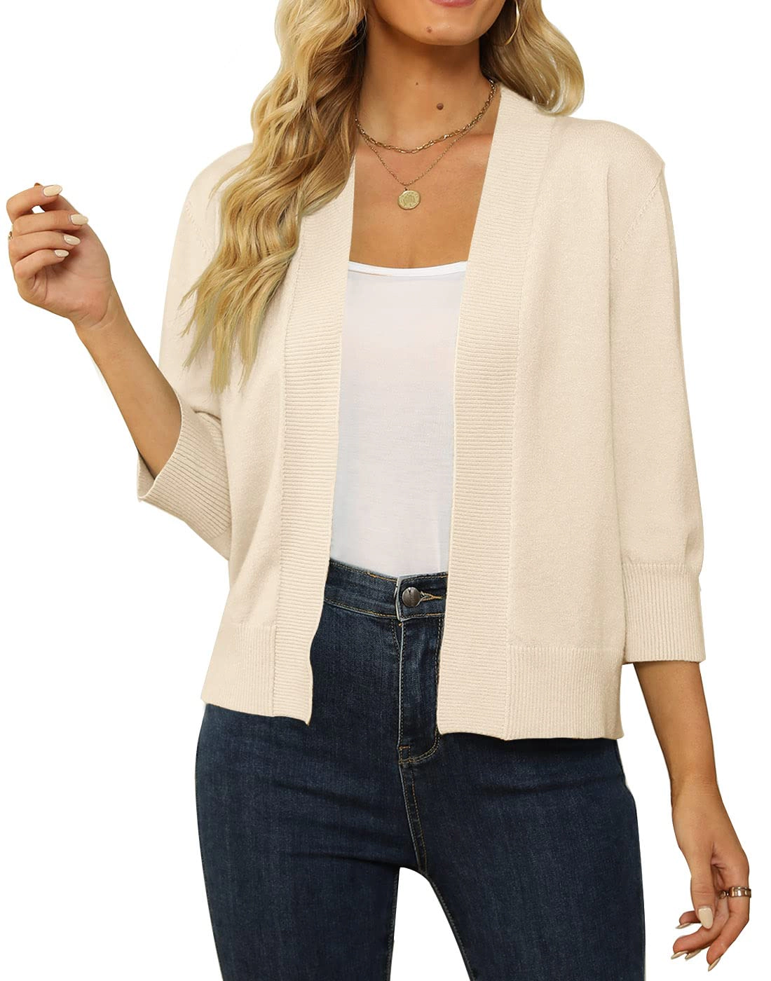 KOJOOIN Cardigan for Women Sweater Cropped Open Front 3/4 Sleeve Ribbed Knit Short Shrug Bolero