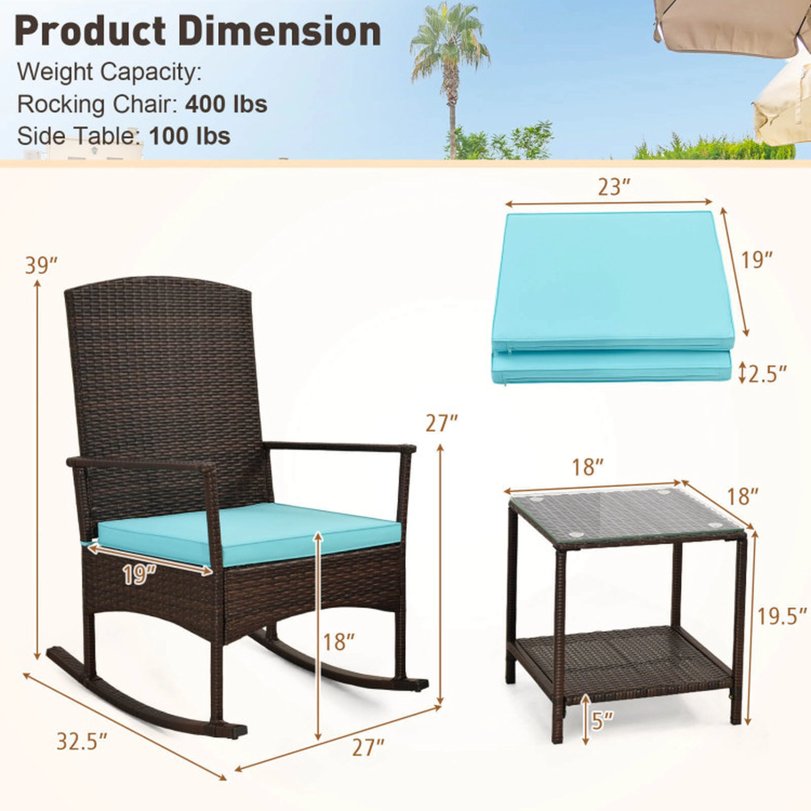 SUGIFT 3-Piece Turquoise Patio Wicker Rocking Chair Set with 2-Tier Glass Table 18-in Seat H 400-lb Chair Capacity