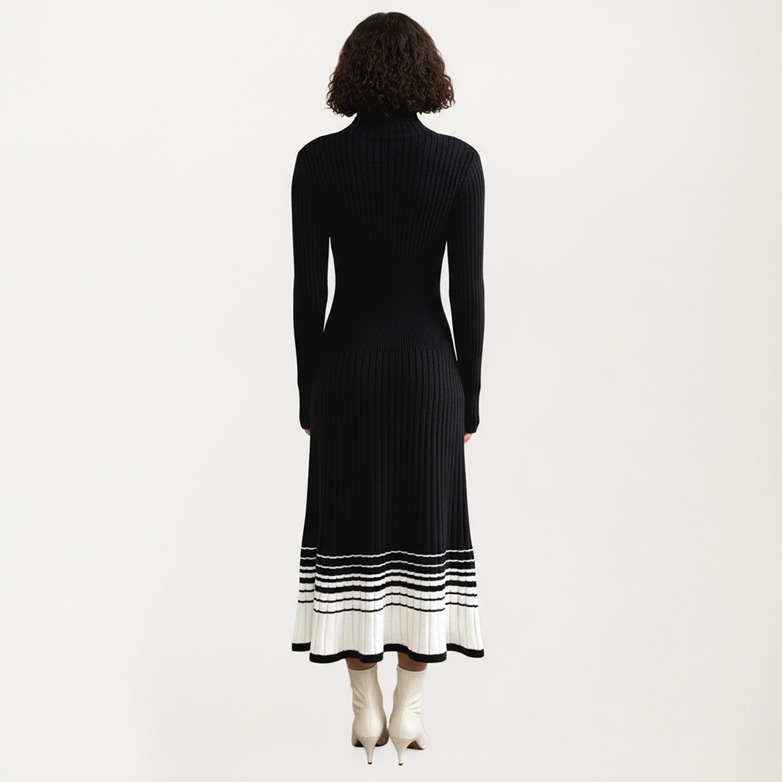 Anna-Kaci Women's Long Sleeve Ribbed Knit Contrast Hem Stripe Midi Dress