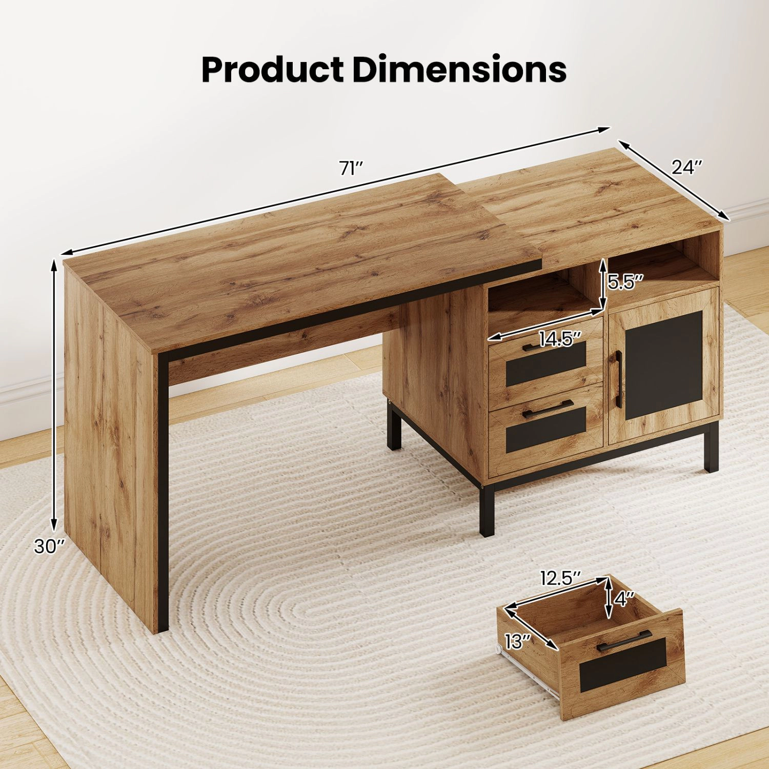 SlickBlue 71" Farmhouse Office Desk with Storage Drawers and Cabinet