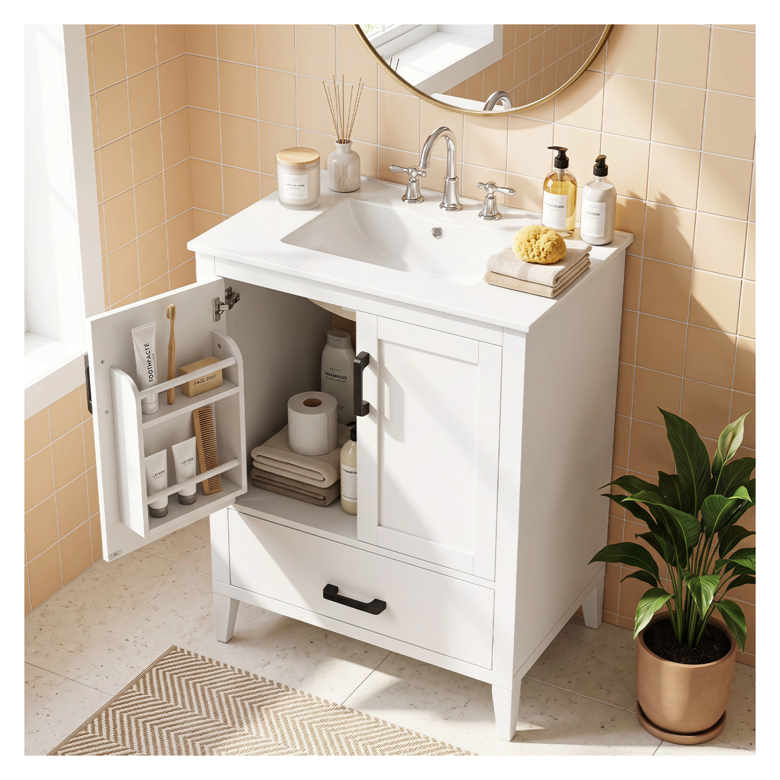 Glintex 24.5-Inch Vanity with Ceramic Sink Door Shelves and Divided Drawer, White