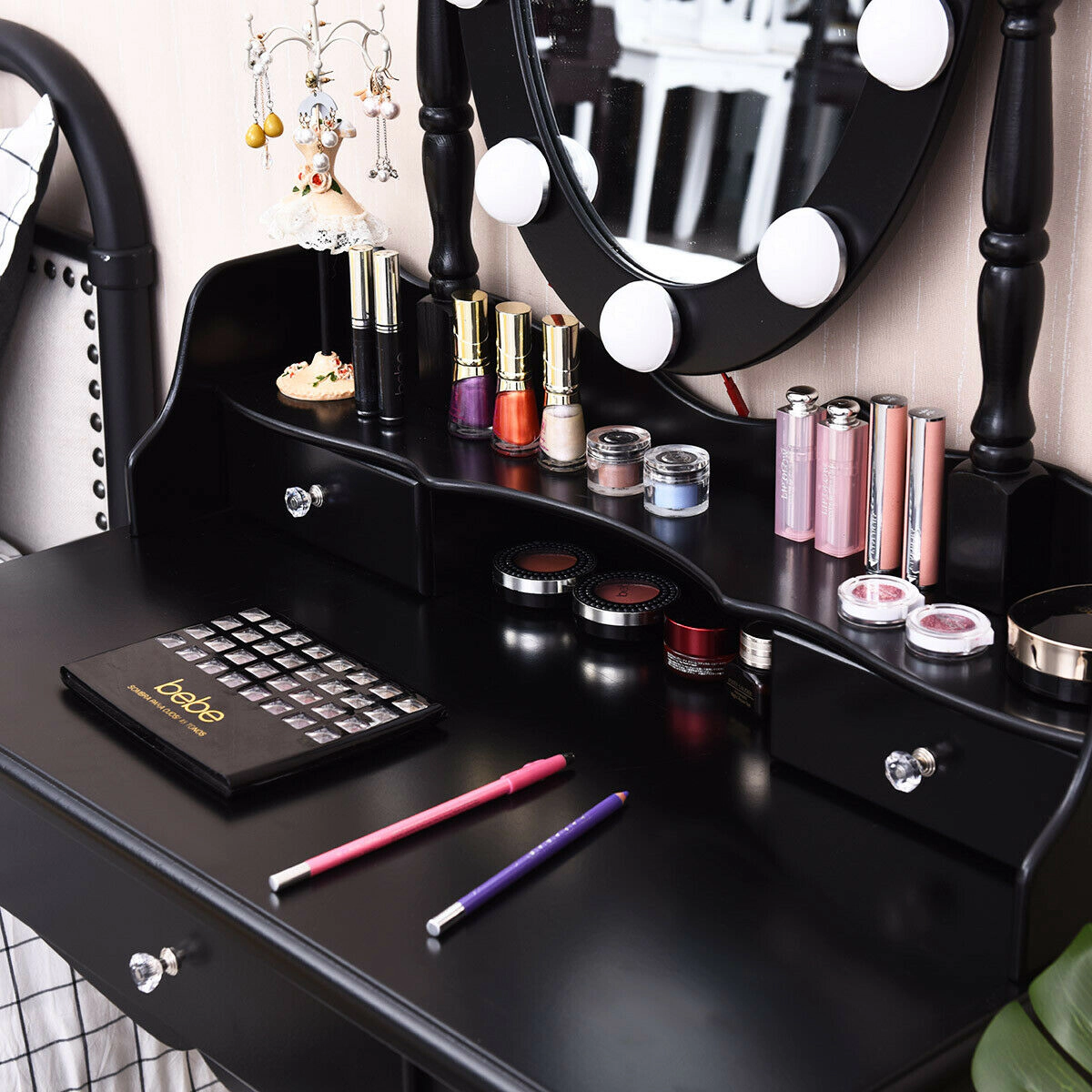 LJG Oval Mirror Vanity Set with 10 LED Dimmable Bulbs and 3 Drawers