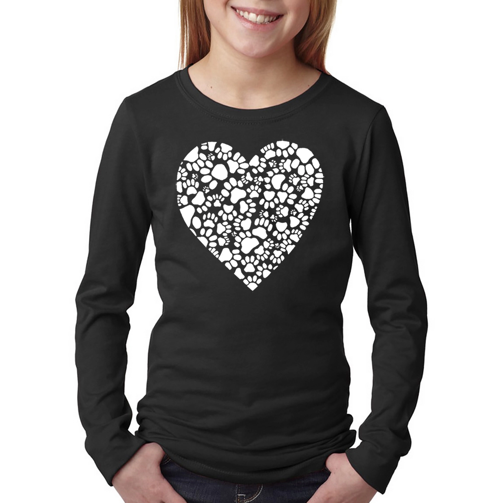 LA Pop Art Girls Long Sleeve Word T-Shirt - Paw Prints Heart