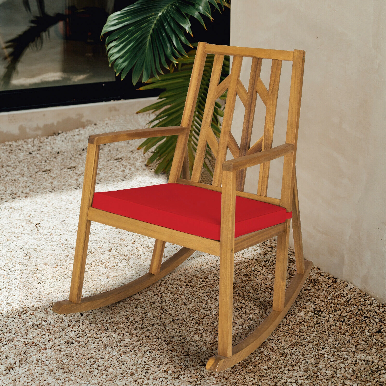SUGIFT Natural Acacia Wood Outdoor Rocking Chair, 350-lb Capacity, Washable Cushion