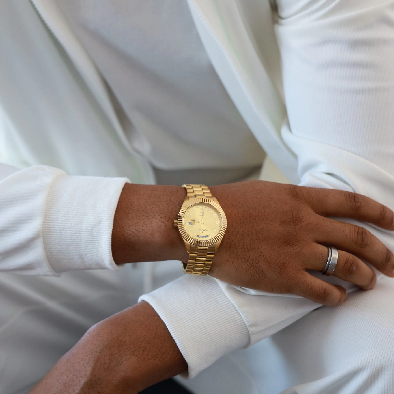 Peugeot Men's 40mm Gold Face Fluted Bezel Gold Bracelet Watch