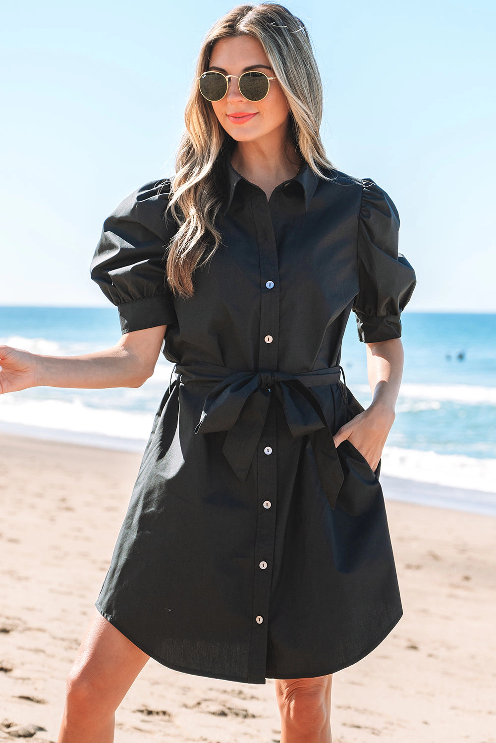 Threaded Pear Women's Malaya Button Up Tie Waist Puff Sleeve Mini Dress