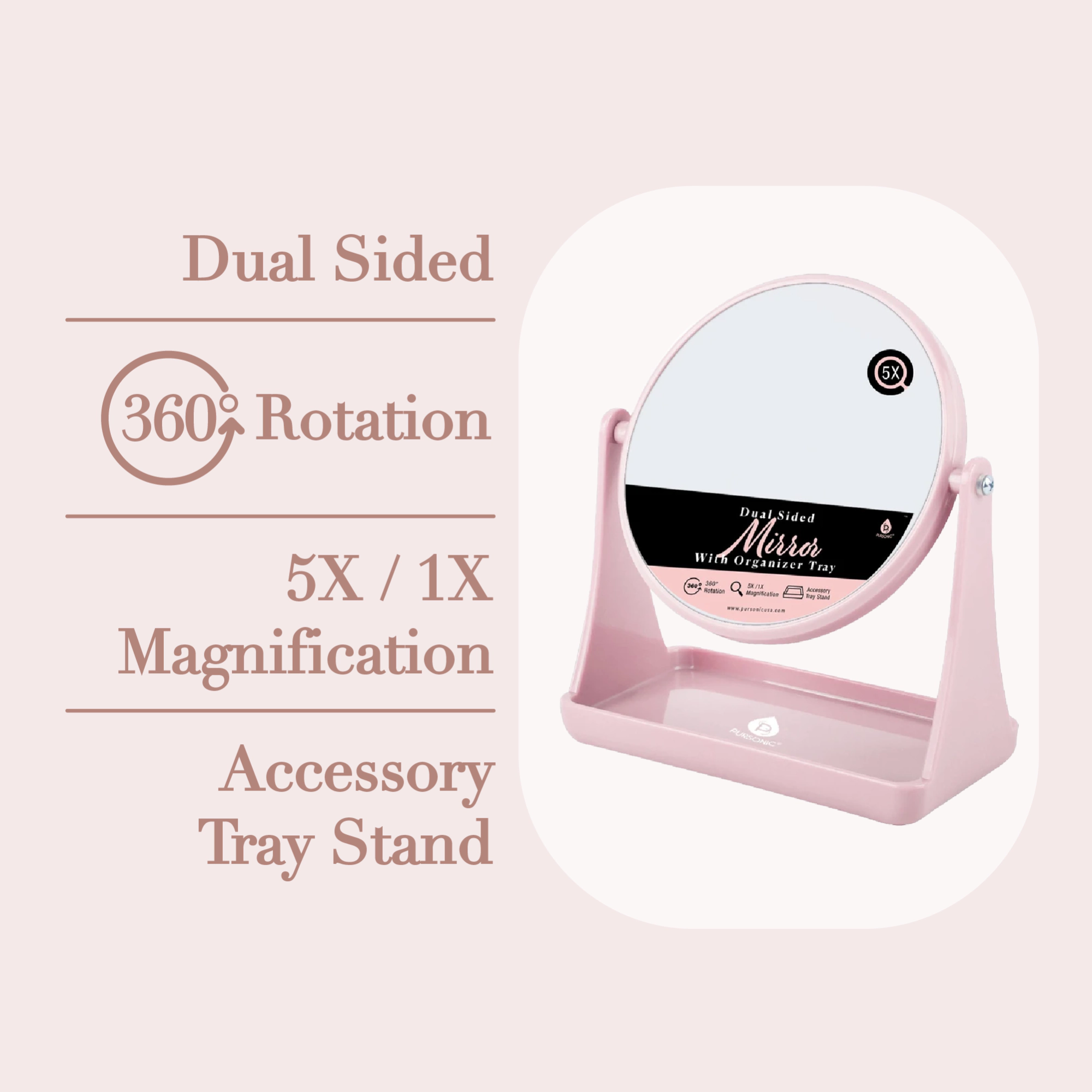 Pursonic Unisex Dual Magnification Vanity Mirror with Organizer Tray – 1x/5x Swivel Makeup & Grooming Mirror