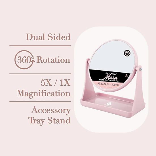 Pursonic Unisex Dual Magnification Vanity Mirror with Organizer Tray – 1x/5x Swivel Makeup & Grooming Mirror