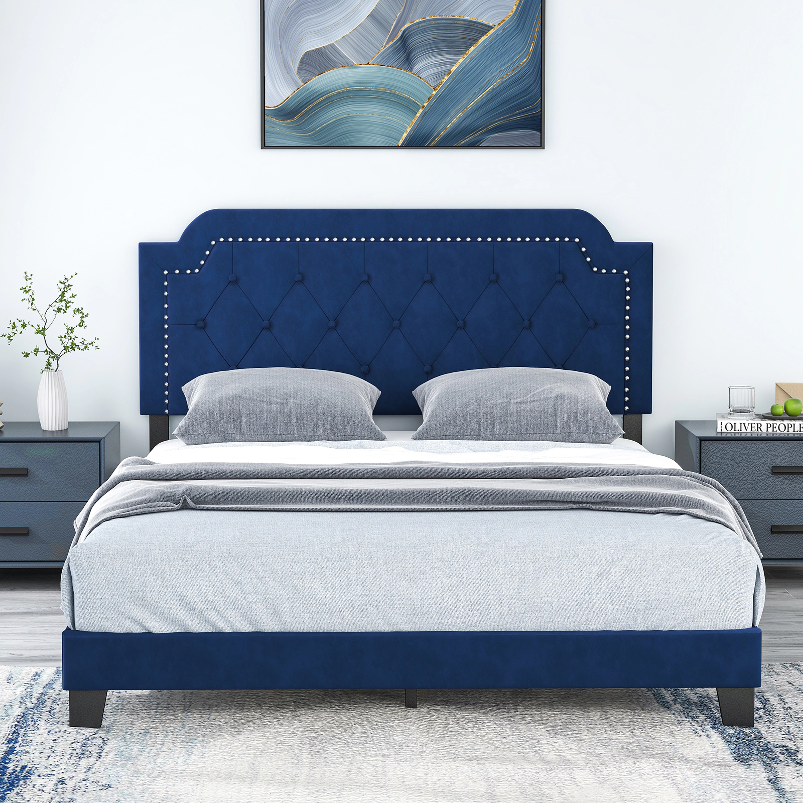 SUGIFT Velvet Upholstered Queen Bed Frame with Button Tufted Nailhead Headboard 800-Lb Capacity 85.5-in Length Blue