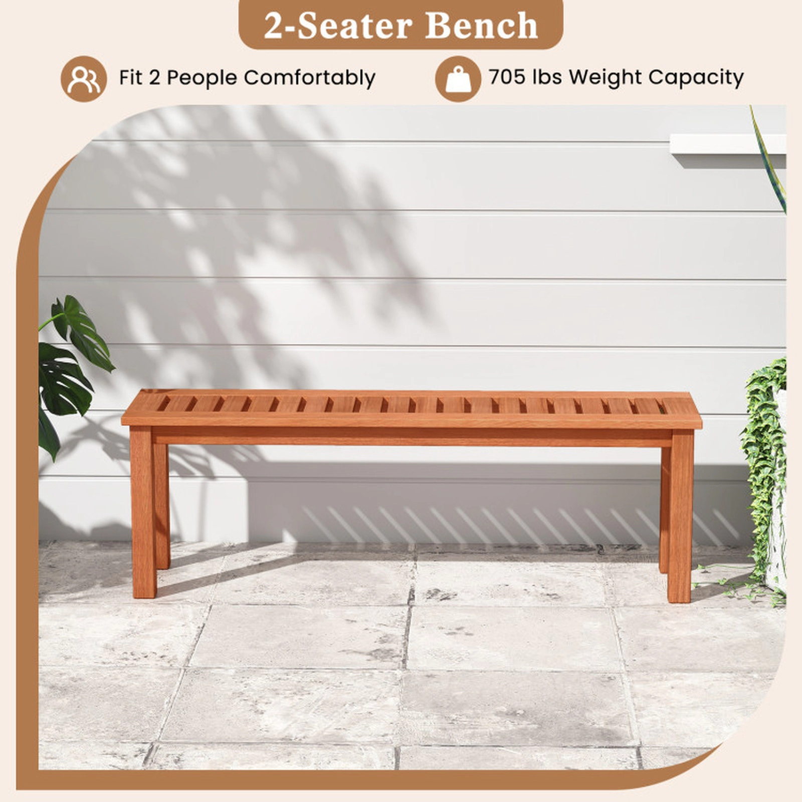 SUGIFT 47-In Teak-Finish Backless Solid Wood Outdoor Bench, 2-Person