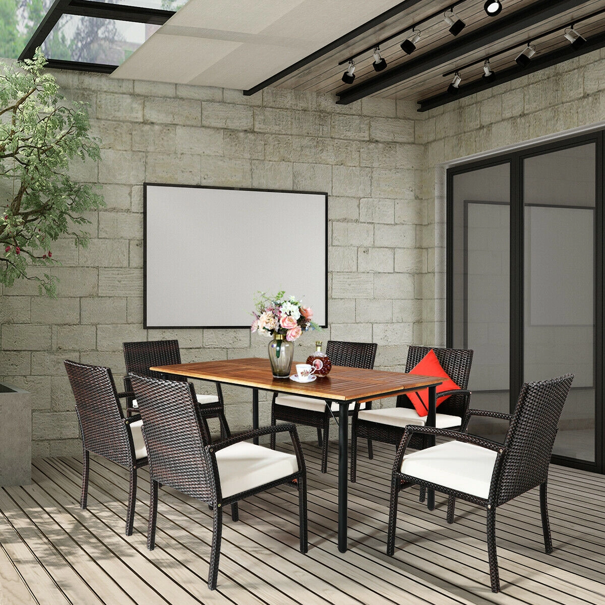 LJG 7PCS Patio Rattan Cushioned Dining Set with Umbrella Hole