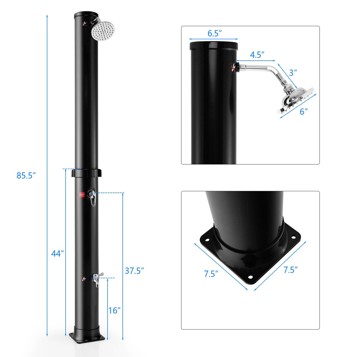 SUGIFT 7.2-ft Freestanding Solar-Heated Outdoor Shower with 10-gal Tank 360-Degree Head and Base Faucet