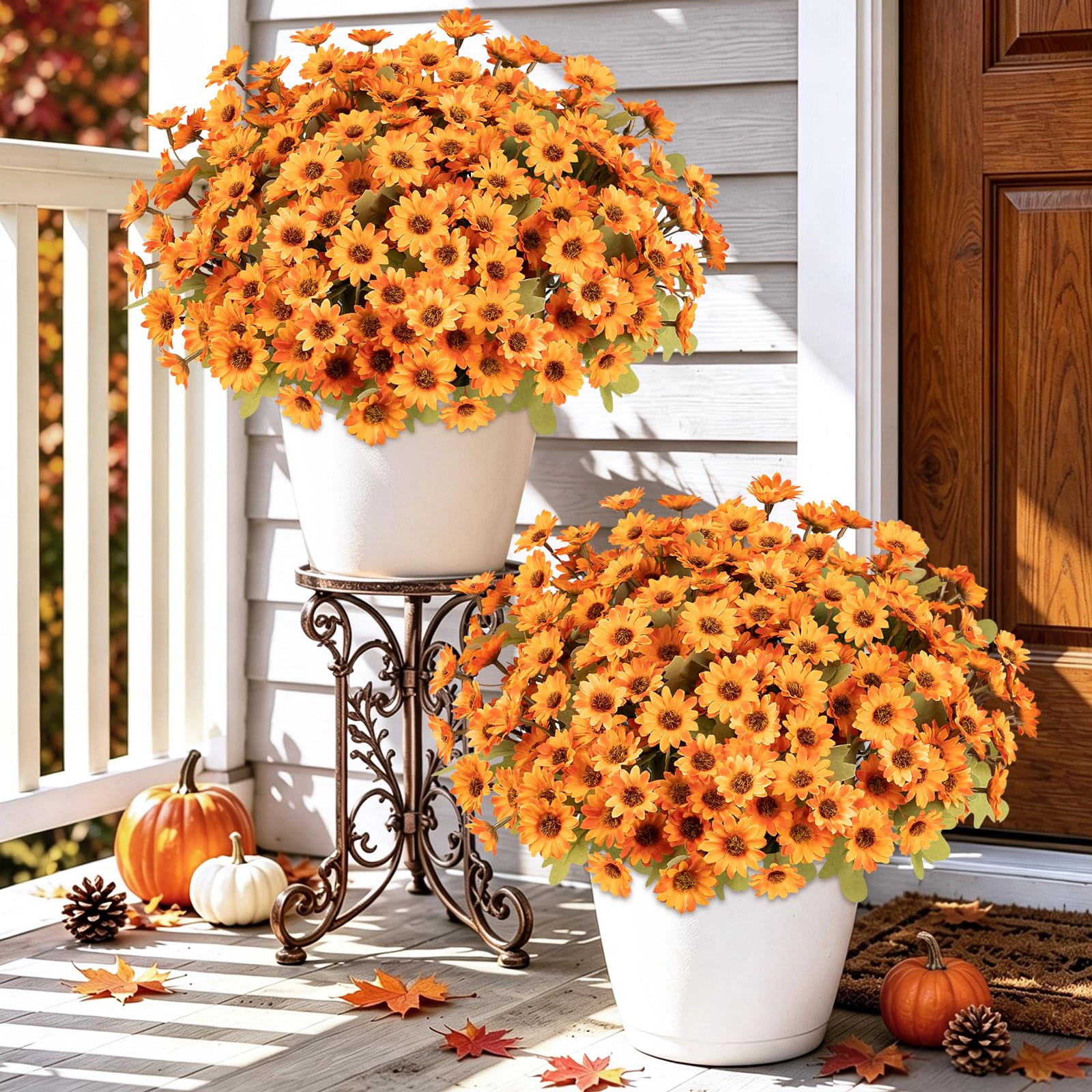 PUPWE 12 Artificial Fall Flowers  Uv Resistant Faux Mums For Outdoors