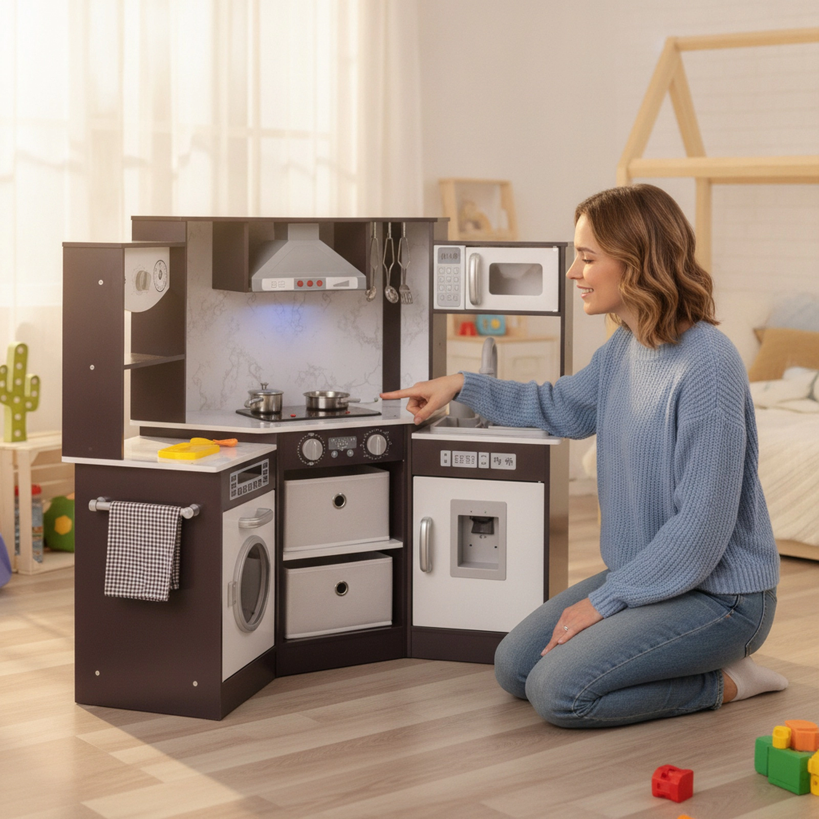 Wooden Kids Play Kitchen Water Circulation Water Dispenser Washing Machine Chef Hat 40-in x 20-in x 33.5-in Coffee