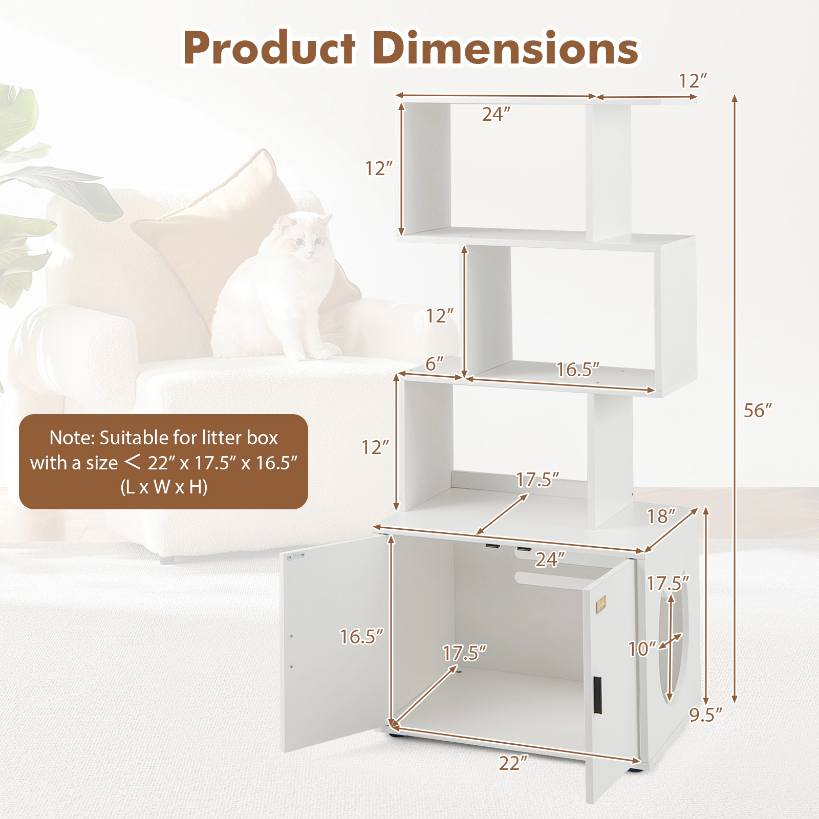 SUGIFT 56-in Tall Hidden Cat Litter Box Enclosure with Storage Shelves Rustic Brown and White