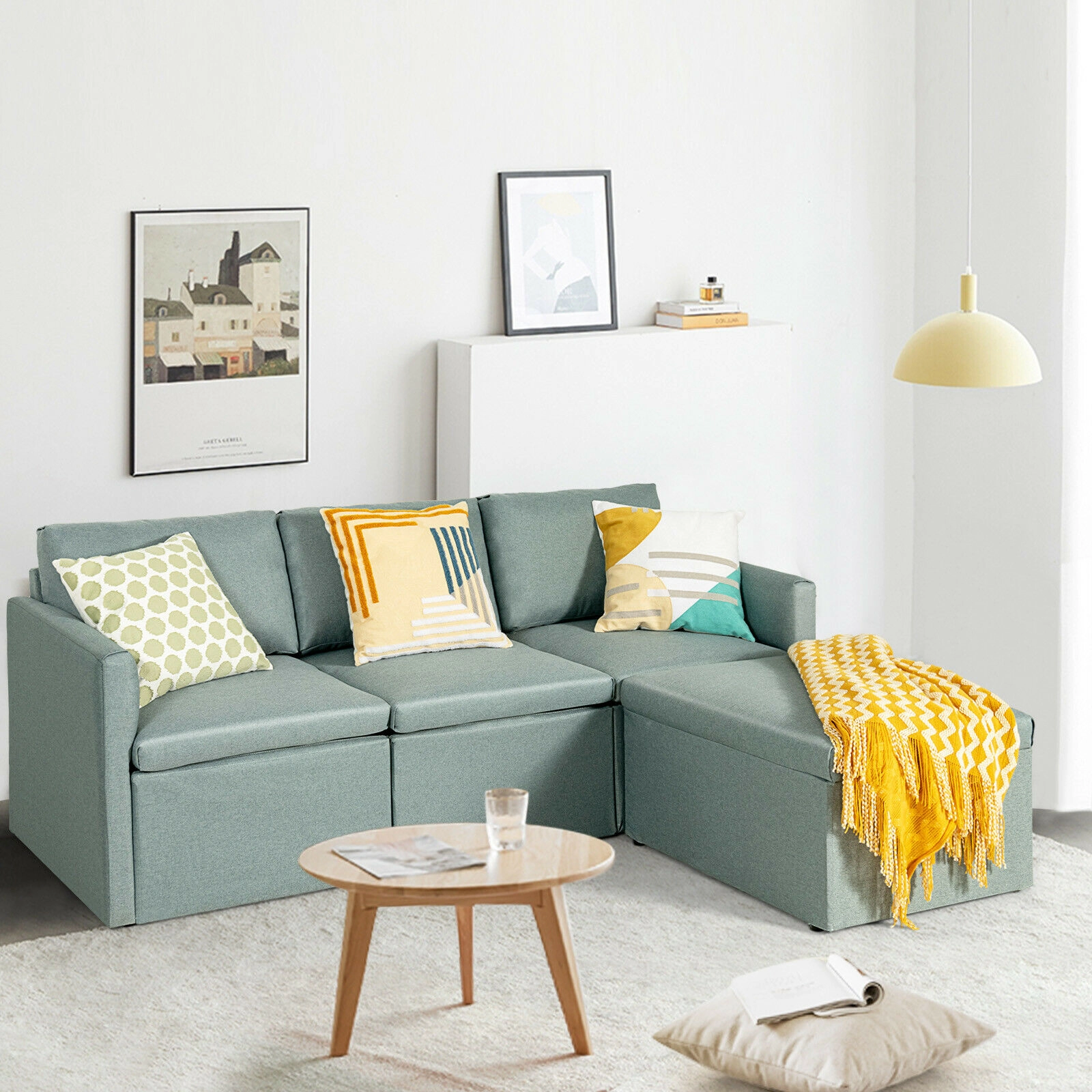 SUGIFT Green Linen Convertible L-Shaped Sectional Sofa with Reversible Chaise, 304 lb Capacity