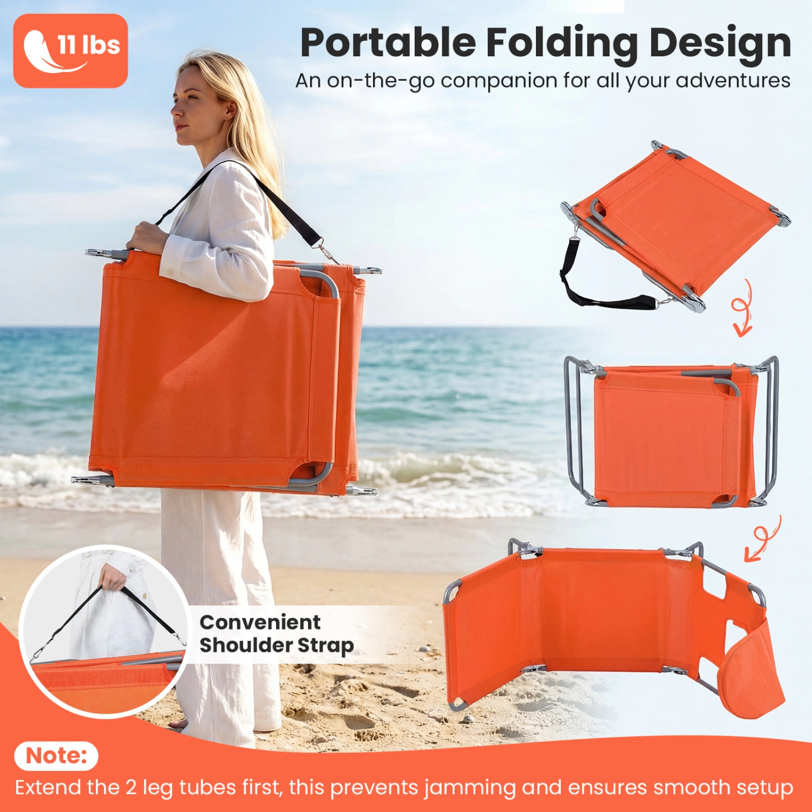 SUGIFT Folding Beach Lounge Chair with Adjustable 5-Position Backrest 330-Lb Capacity 72.5-in Lounge Length Orange