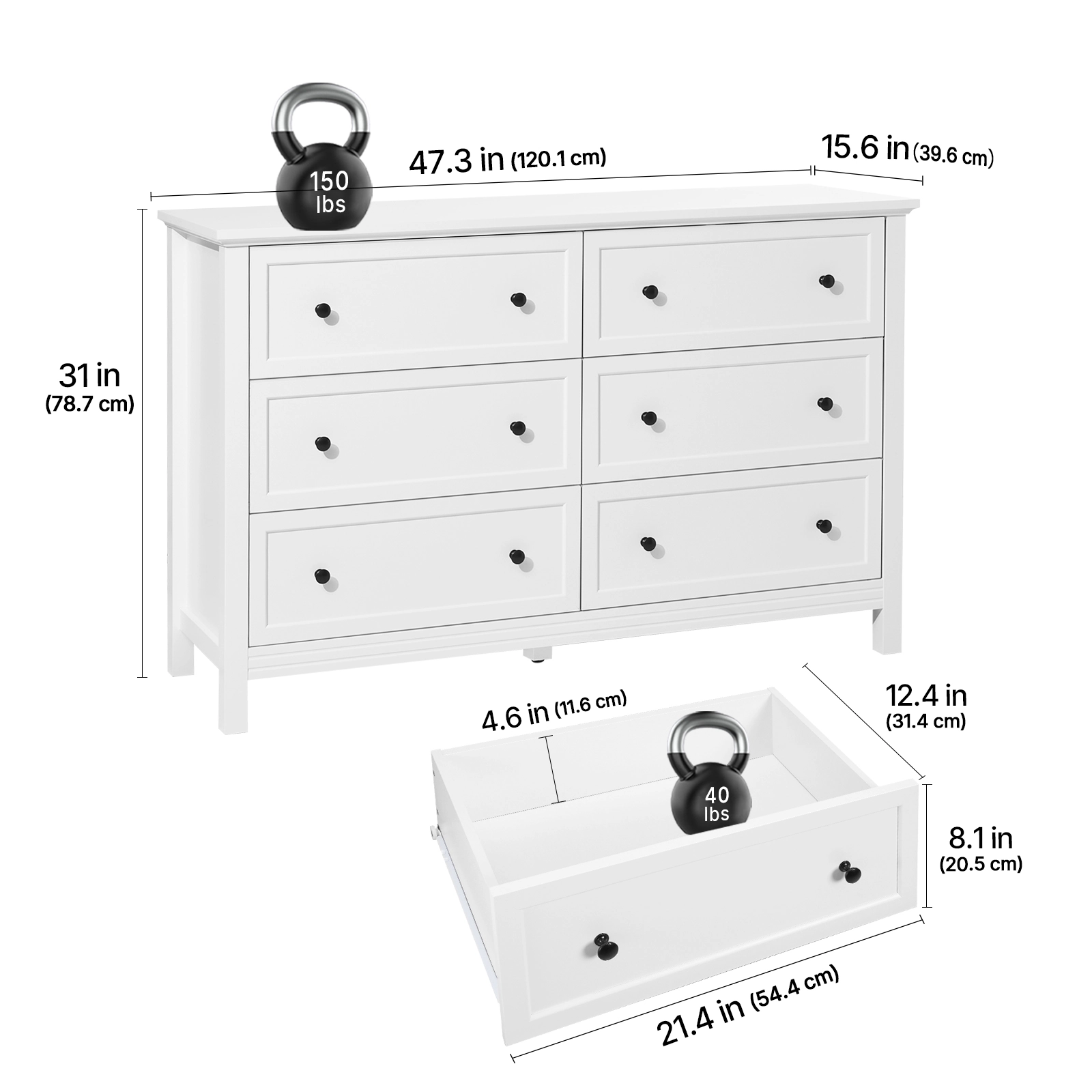 HONGGE 6-Drawer White Dresser & TV Stand with Anti-Tip Device, 150 lb Capacity Retro Minimalist Storage Chest