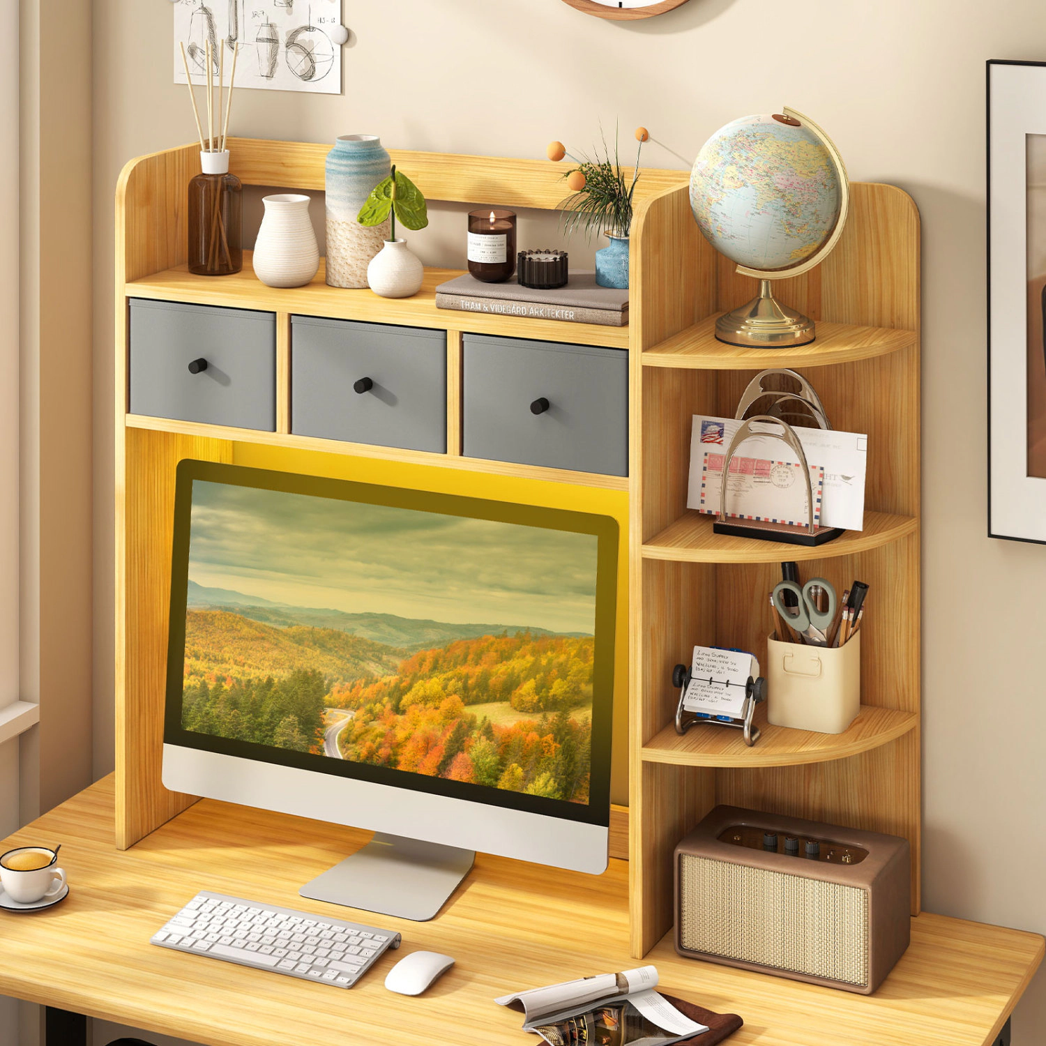 LJG Desktop Bookshelf with LED Lights 5-Tier Shelves and 3 Drawers for Home Officce