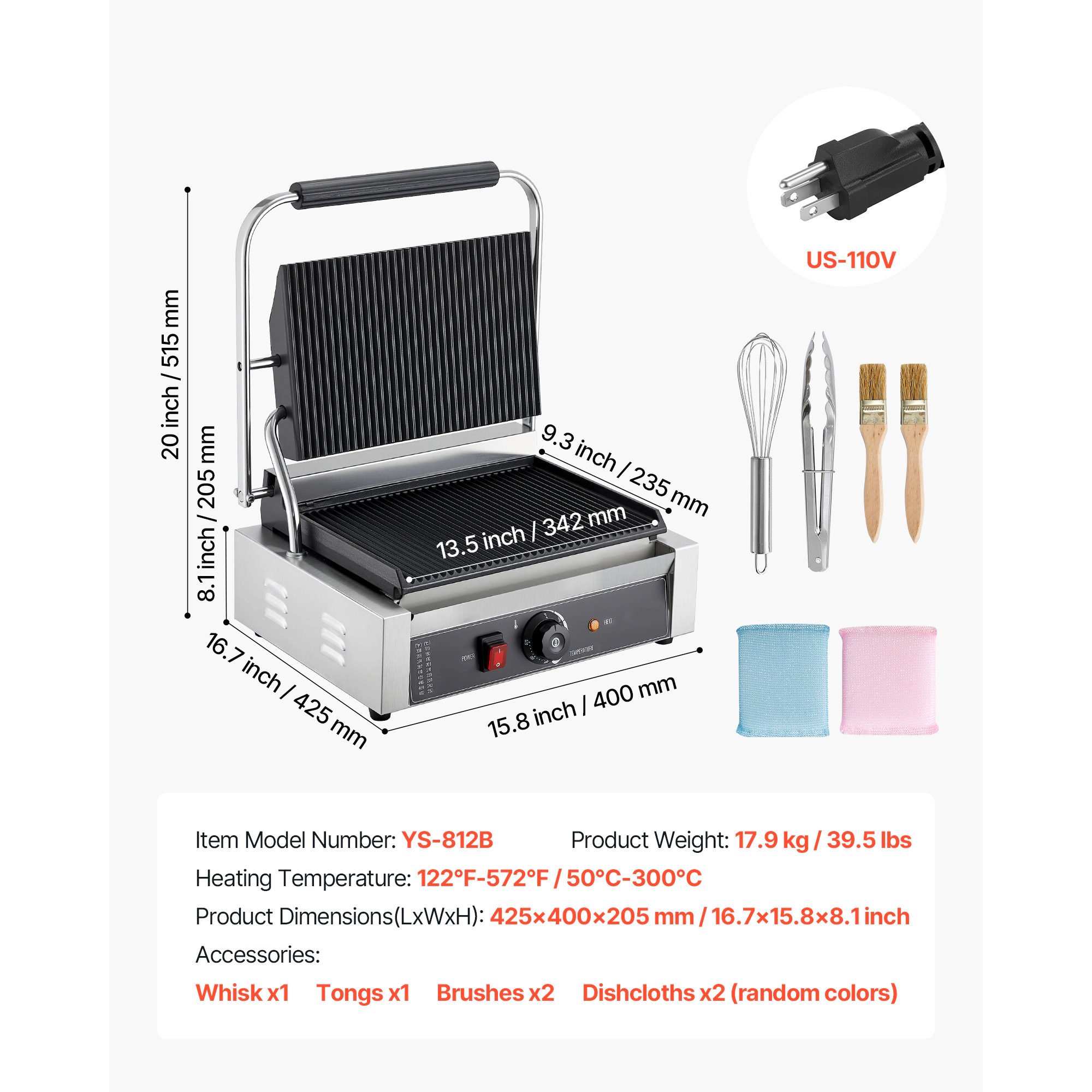 HONGGE Commercial Panini Grill 1800W Electric Sandwich Panini Maker Stainless Steel Sandwichs Press with Handle and