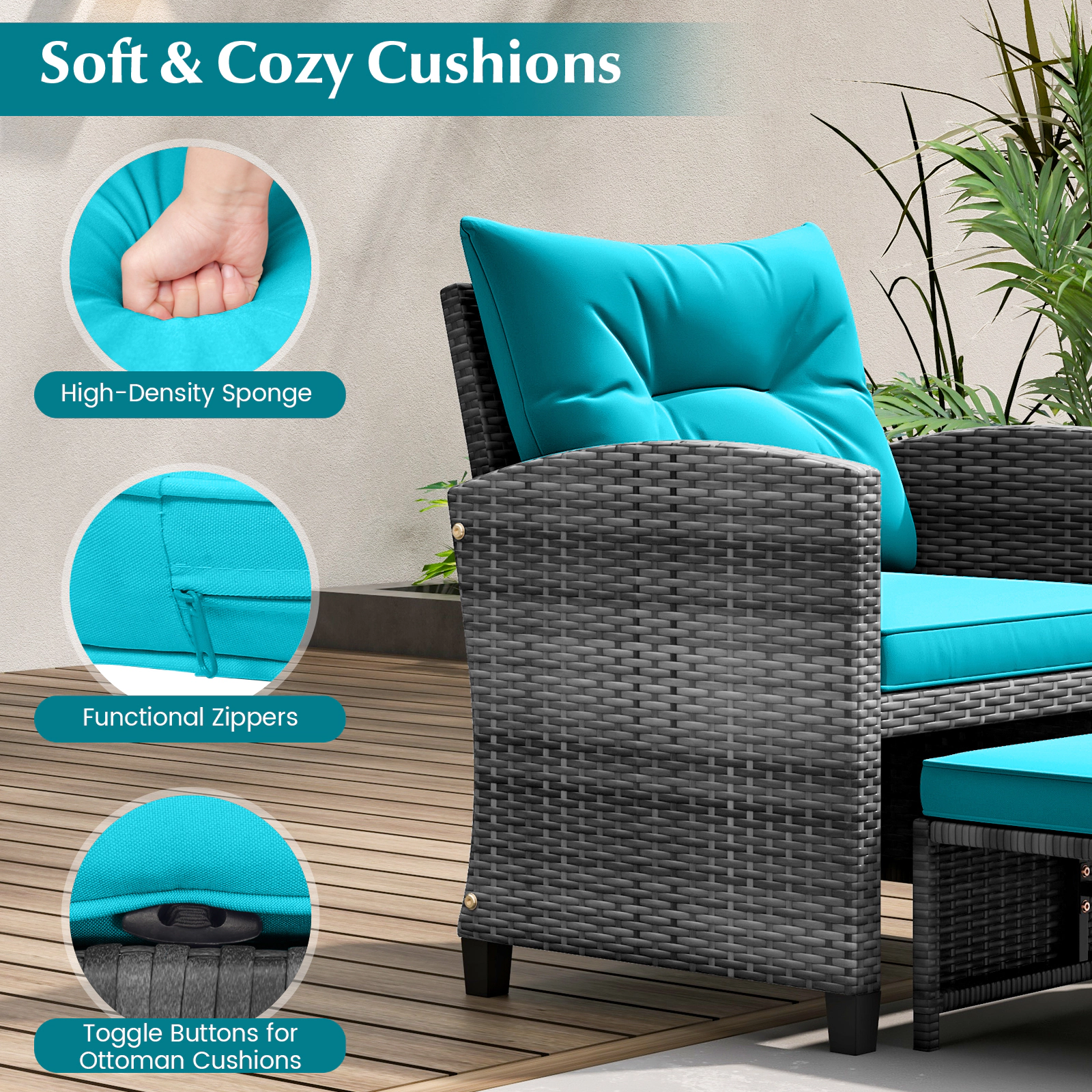 SUGIFT 2 Ottomans and Glass Top Coffee Table 5-Piece Turquoise Patio Rattan Set