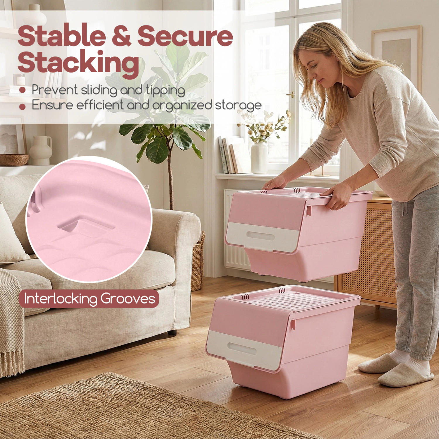 SUGIFT 3-Pack Pink 12.5-qt Stackable Storage Bins with Lids Wheels and Front Opening for Closet Organizer
