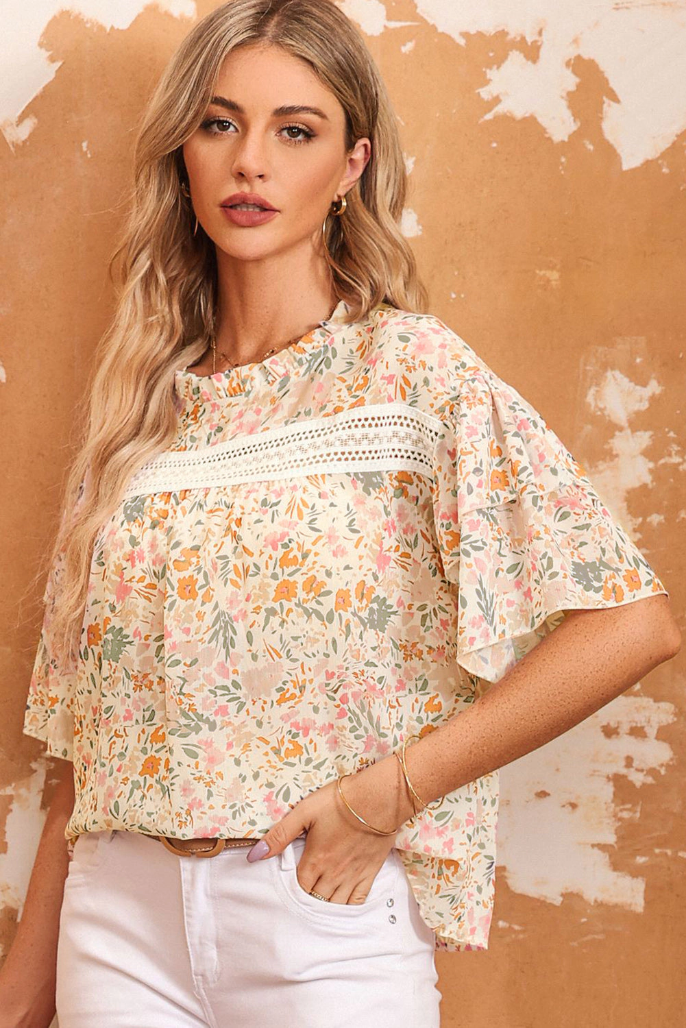 Threaded Pear Women's Karsyn Floral Print Wide Ruffle Sleeves Blouse