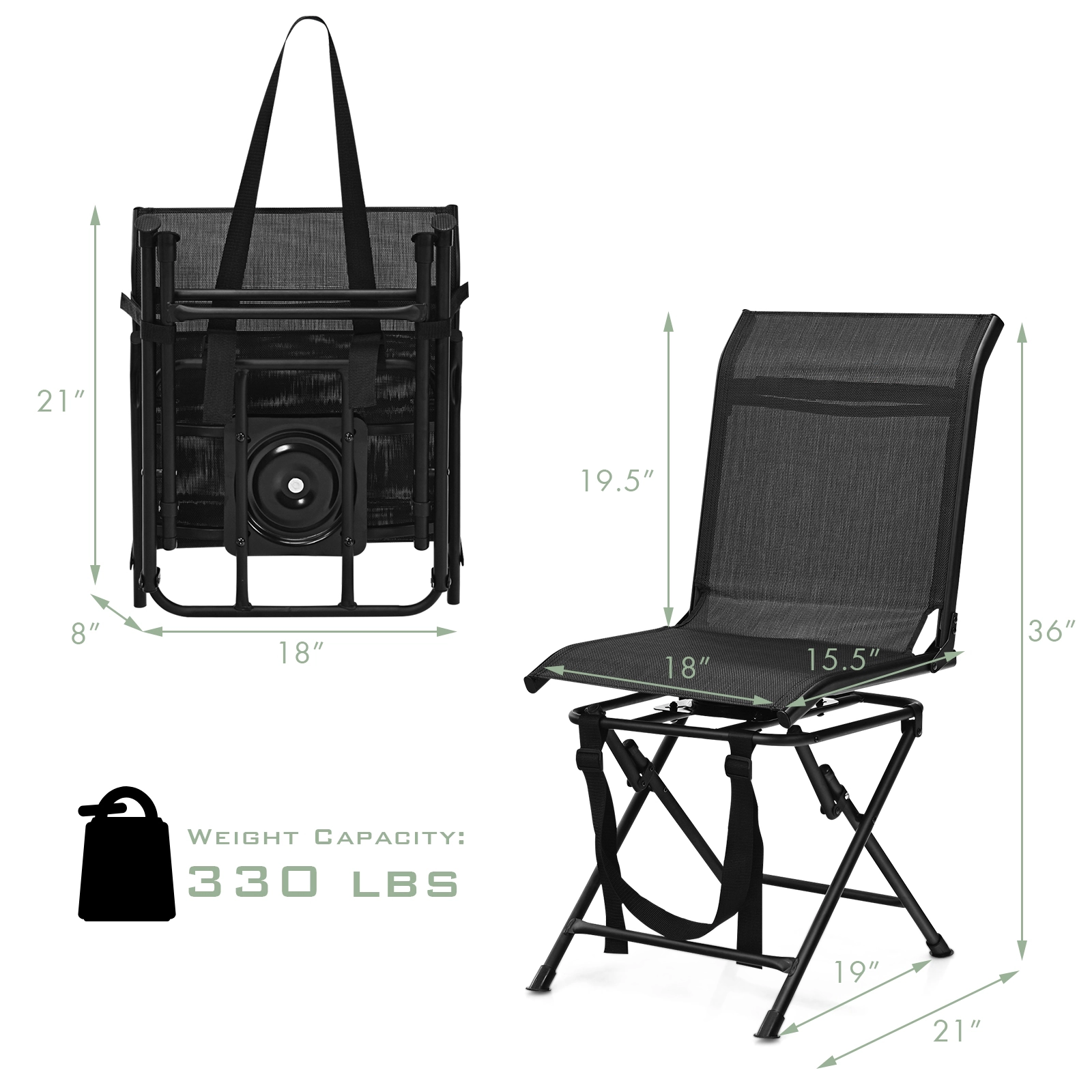 SUGIFT 360-Degree Swivel Folding Hunting Chair, 330-Lb Capacity, Mesh Seat, Iron Frame