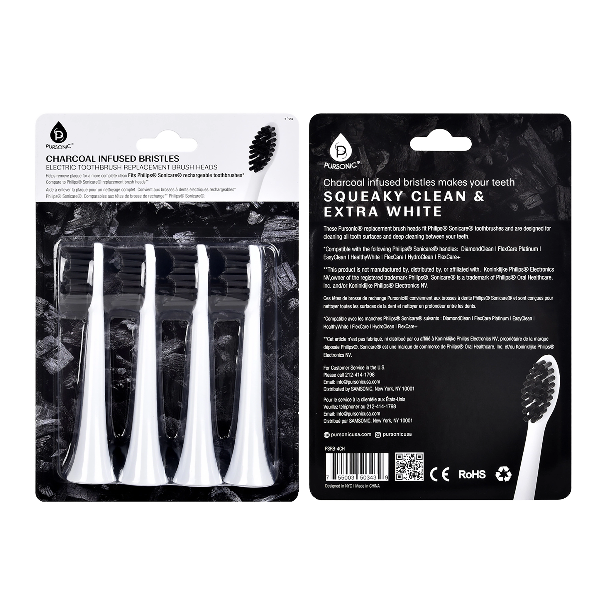 Pursonic Unisex Charcoal Infused Replacement Toothbrush Heads Compatible with Philips Sonicare Handles - 4 Pack