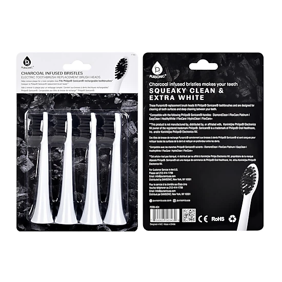 Pursonic Unisex Charcoal Infused Replacement Toothbrush Heads Compatible with Philips Sonicare Handles - 4 Pack